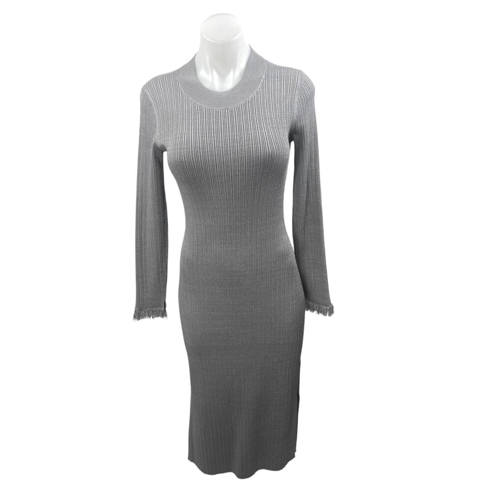 Club Monaco Gray Long Sleeve Crew Neck Ribbed Knit Midi Bodycon Sweater Dress S